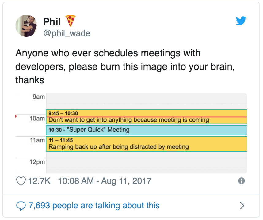 Twitter post on the difficulty to get back to your code after a meeting 