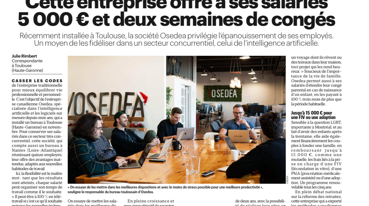 An article about Osedea has been published in the journal Aujourd'hui en France.