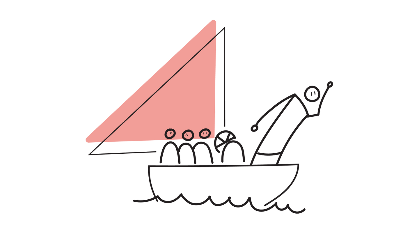Image of people in a boat following a leader 